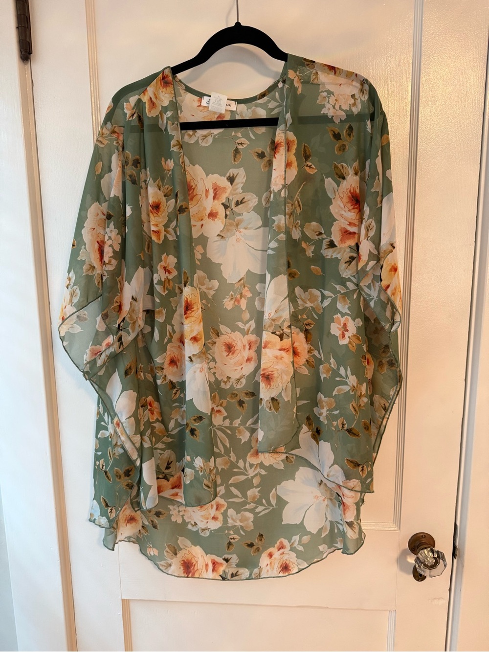 Floral Open-Front Kimono Cardigan - Sage Green